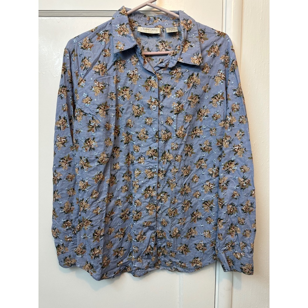 Lemon Grass Womens Large Blue Floral Embroidered Button Down Shirt 100% Cotton
